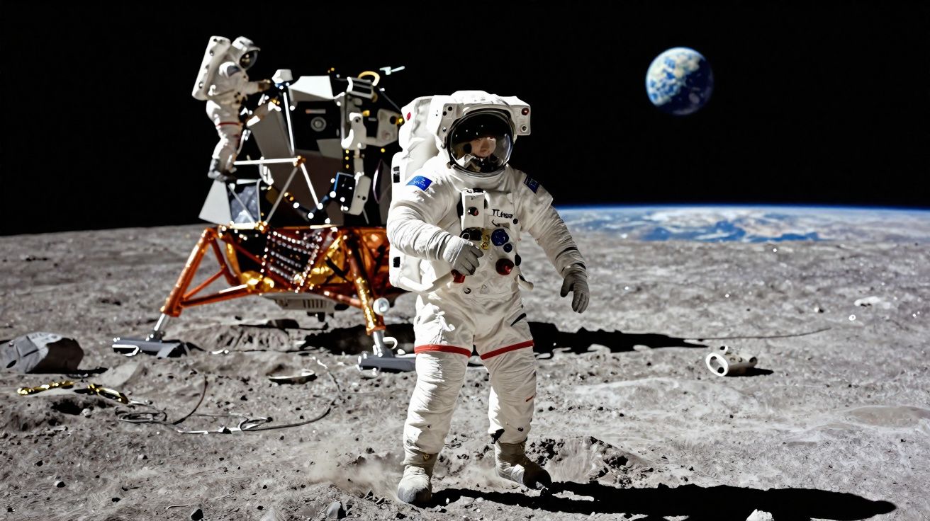 Astronauta em fato espacial na superfície lunar com módulo lunar e Terra ao fundo no espaço.