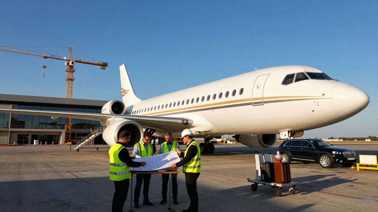 Funcionários com coletes refletivos analisam um mapa junto a um avião estacionado num aeroporto.