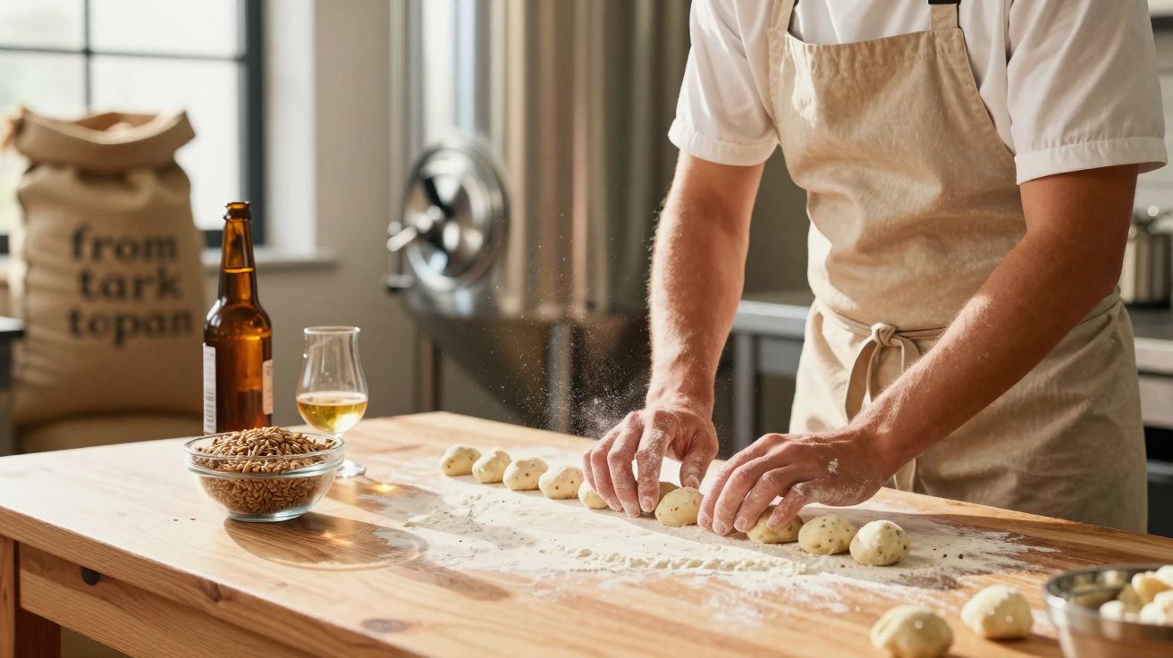 Pessoa a preparar pequenas bolas de massa numa mesa de madeira polvilhada com farinha numa cozinha.