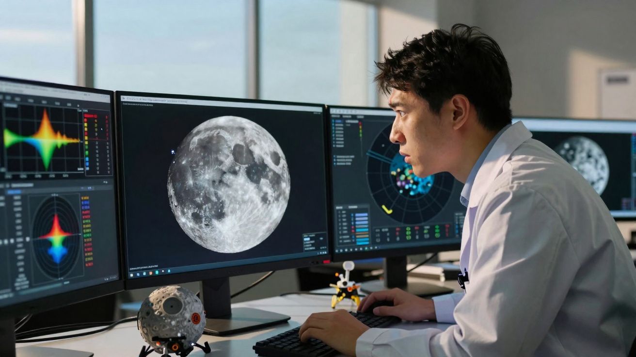 Cientista analisa imagens e dados da Lua em vários ecrãs de computador num laboratório.