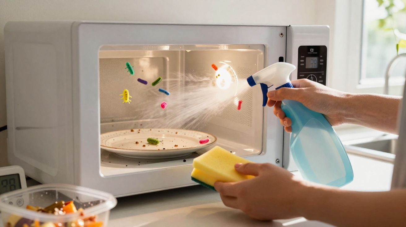 Pessoa a limpar o interior de um micro-ondas com spray desinfetante e esponja amarela.
