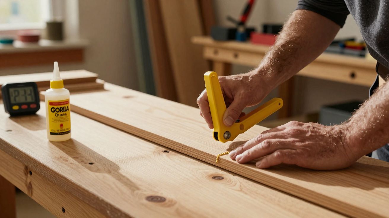Homem a prender uma tira de madeira com grampos amarelos numa bancada de carpintaria.