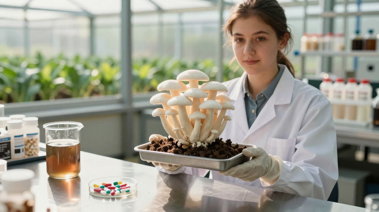 Mulher cientista com bata branca a segurar bandeja com cogumelos brancos num laboratório agrícola.