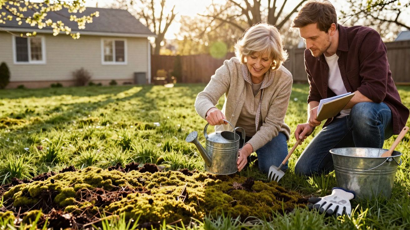 Mulher e homem a cuidar do jardim com regador e ferramentas sob luz solar junto a casa.