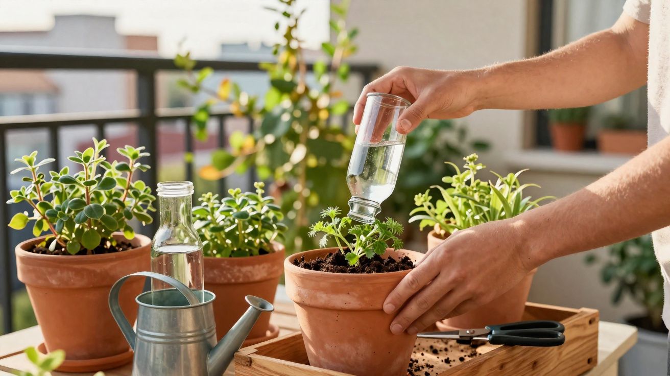 Pessoa a regar planta em vaso de barro numa varanda com outras plantas ao redor.