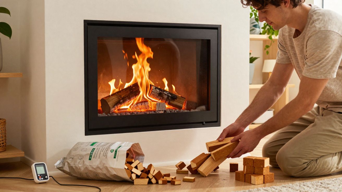 Homem a colocar lenha numa lareira moderna embutida numa sala acolhedora.