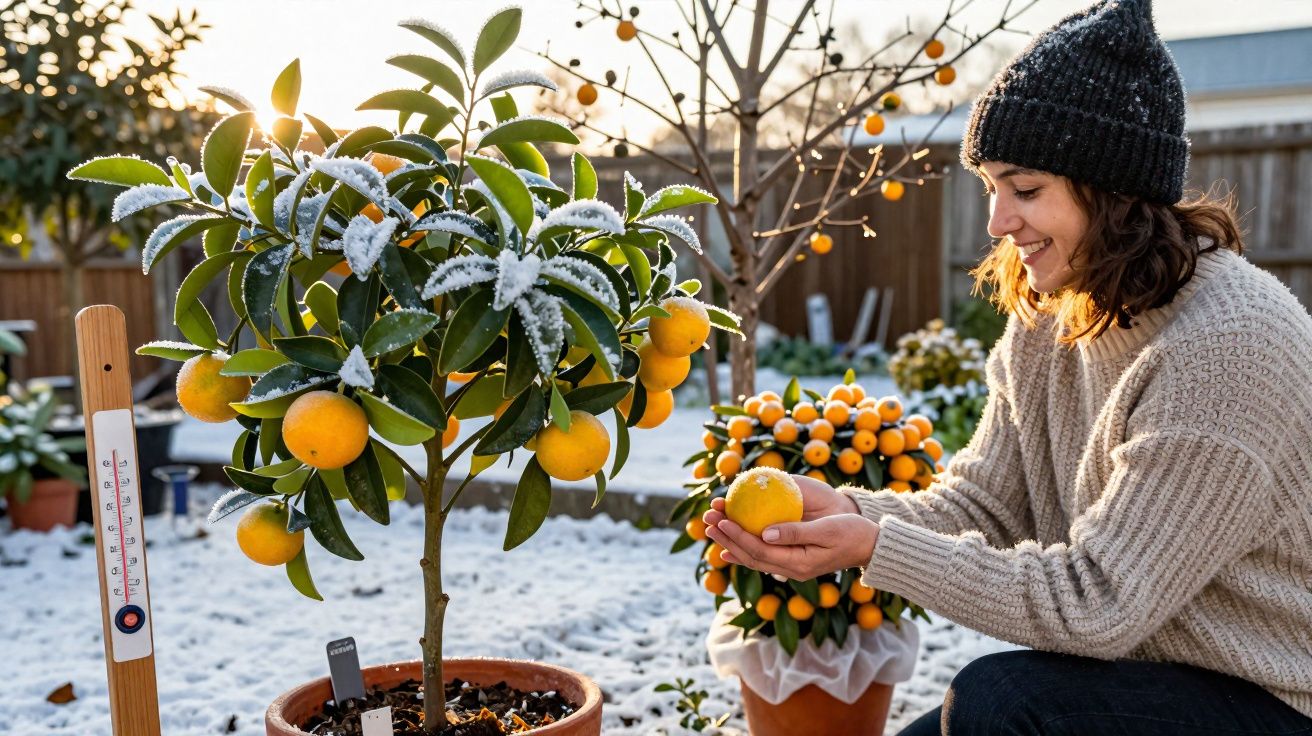 Mulher sorridente a colher laranjas de um vaso num jardim com neve e termómetro a marcar baixas temperaturas.