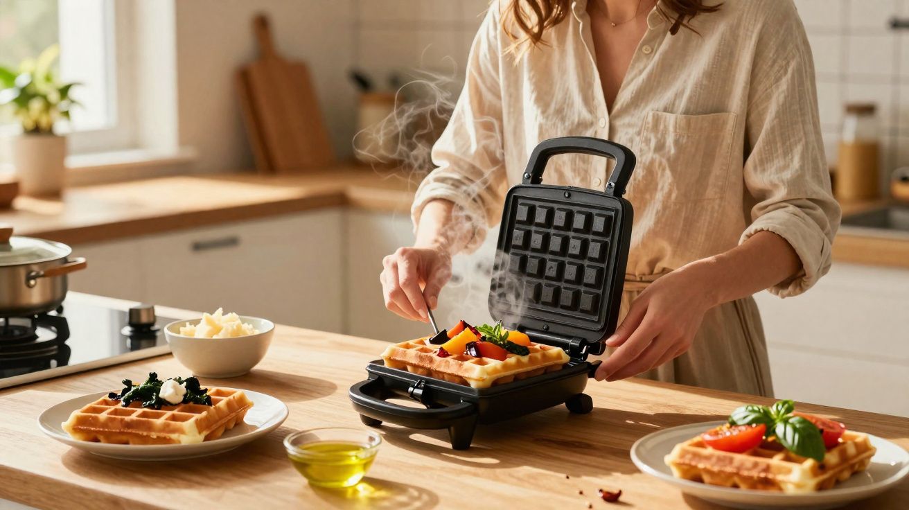 Pessoa a preparar waffles recém-feitos com frutas e ervas numa cozinha moderna e iluminada.