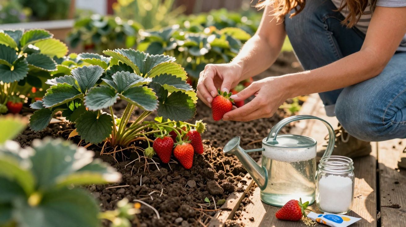 Pessoa a colher morangos maduros num jardim com regador e frasco sobre o chão de madeira.