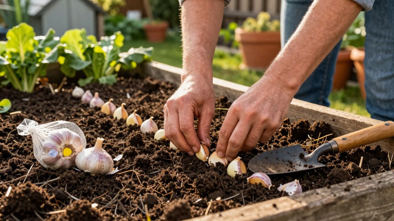Mãos a plantar dentes de alho em canteiro de terra num jardim, com enxada ao lado.