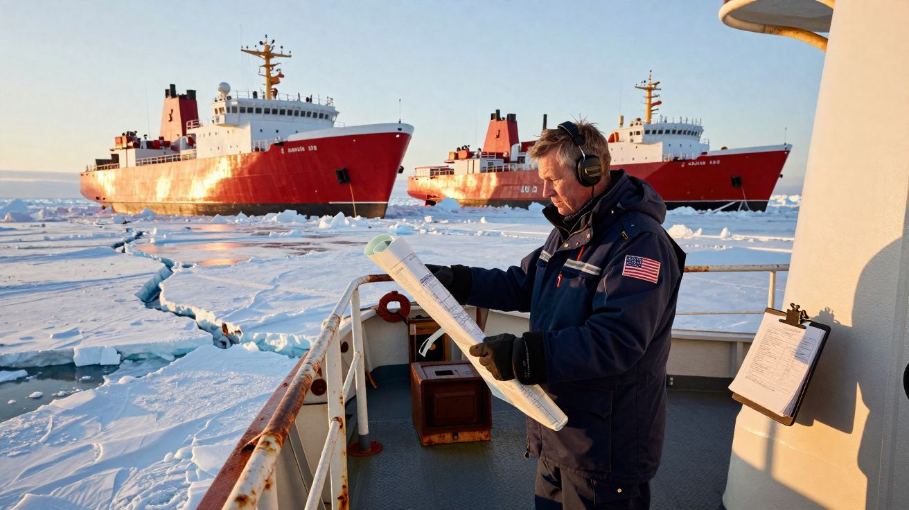 Homem com roupa térmica e auriculares lê mapa no convés de navio em mar gelado com dois navios de pesquisa vermelhos ao fundo