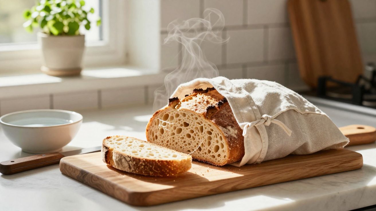Pão quente acabado de sair do forno sobre tábua de madeira, com vapor a sair, junto a tigela e faca.