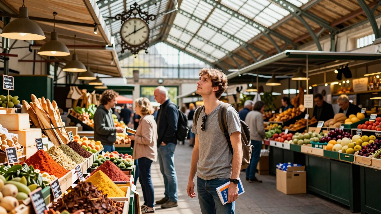 Jovem observa bancas de especiarias e frutas num mercado coberto, rodeado por outros clientes.