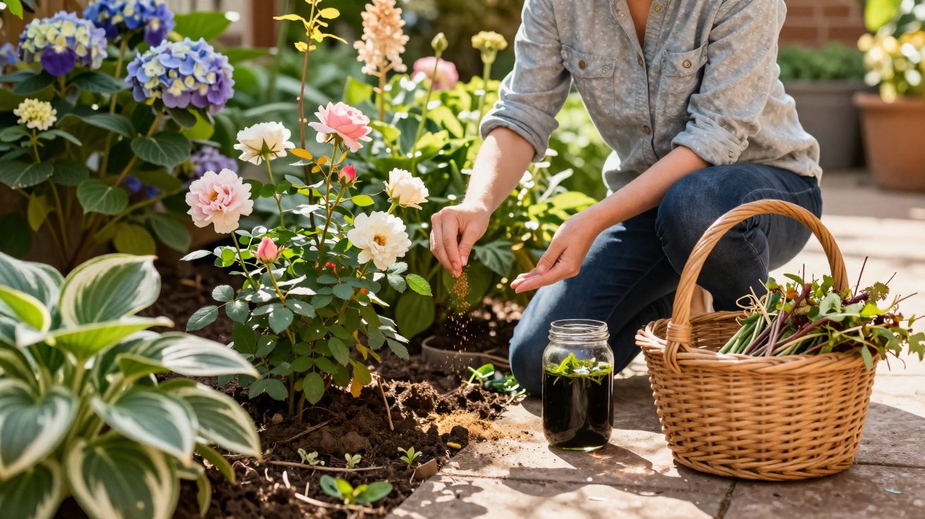 Pessoa a jardinar rosas cor-de-rosa e lilases com cesto de plantas e jarro ao lado num dia ensolarado.