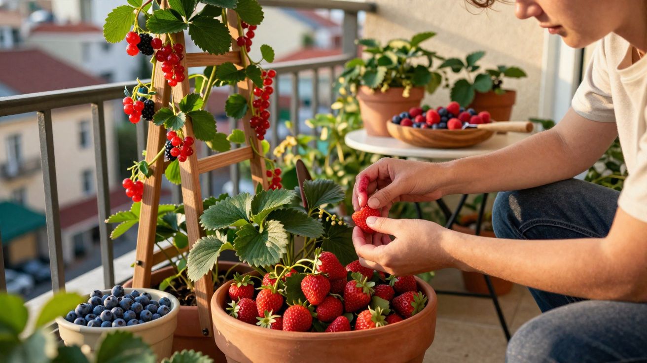 Pessoa colhendo morangos numa varanda com vários vasos de frutas como mirtilos e groselhas.