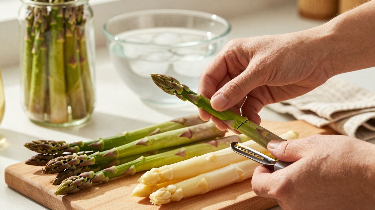 Mãos a descascar espargos verdes numa tábua de madeira com espargos brancos e verdes no fundo.