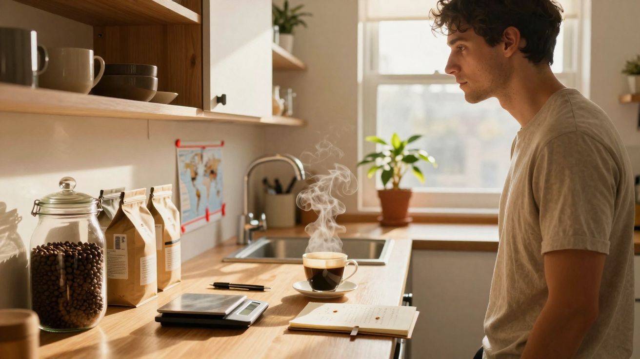 Homem observa chávena de café quente numa cozinha iluminada, com saco de café e bloco de notas na bancada.