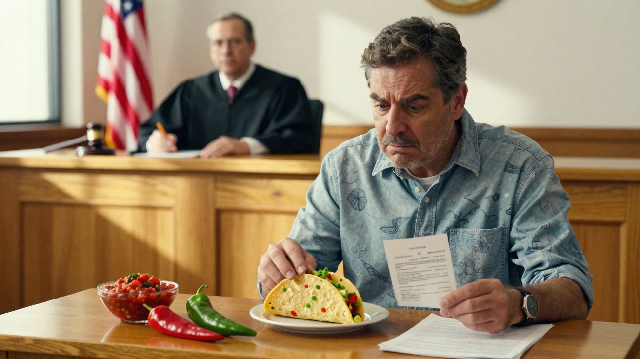 Homem sentado à mesa no tribunal com taco, legumes e documentos, juiz ao fundo desfocado.