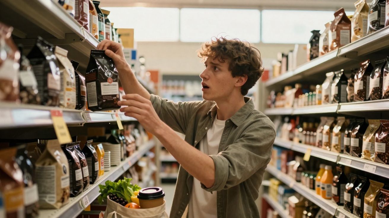 Jovem a escolher um produto numa prateleira de supermercado com saco de compras cheio de legumes.