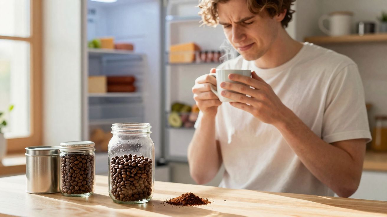 Jovem prova café com expressão de desagrado, ao lado de frascos e pó de café numa bancada.