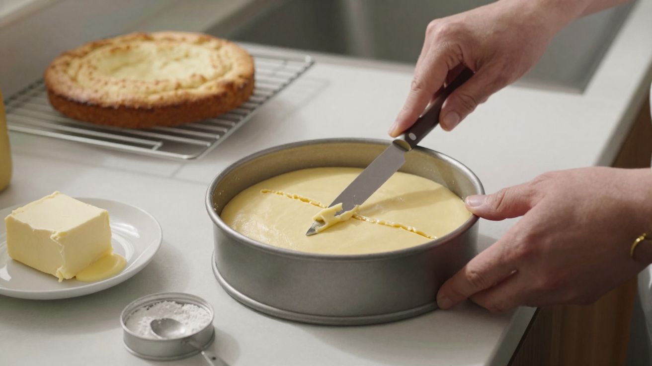 Mãos a cortar massa de bolo crua numa forma redonda, manteiga e bolo assado no balcão da cozinha.