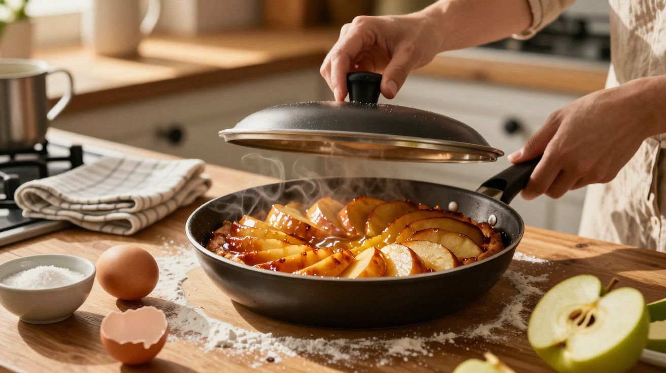 Pessoa a levantar tampa de frigideira com fatias cozidas de maçã numa cozinha ensolarada.