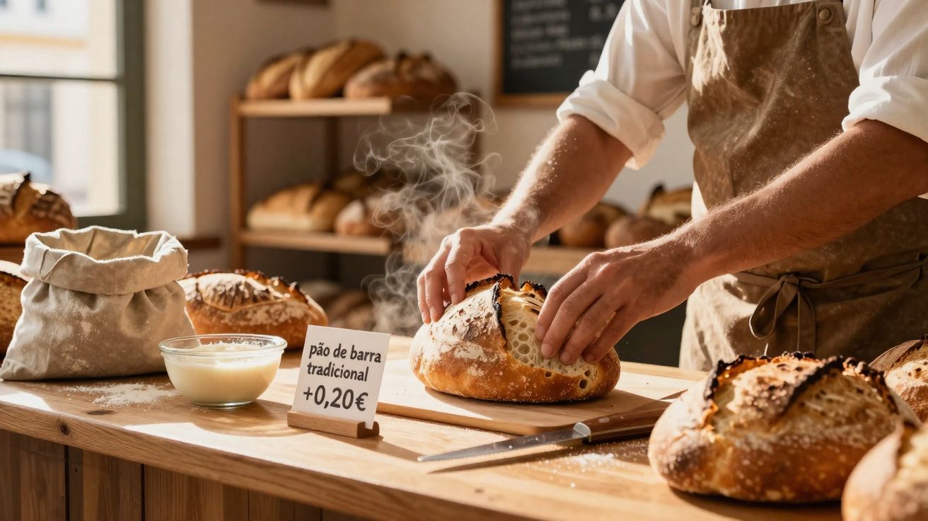 Padeiro a partir pão acabado de sair do forno numa padaria tradicional com pão de barra à venda.