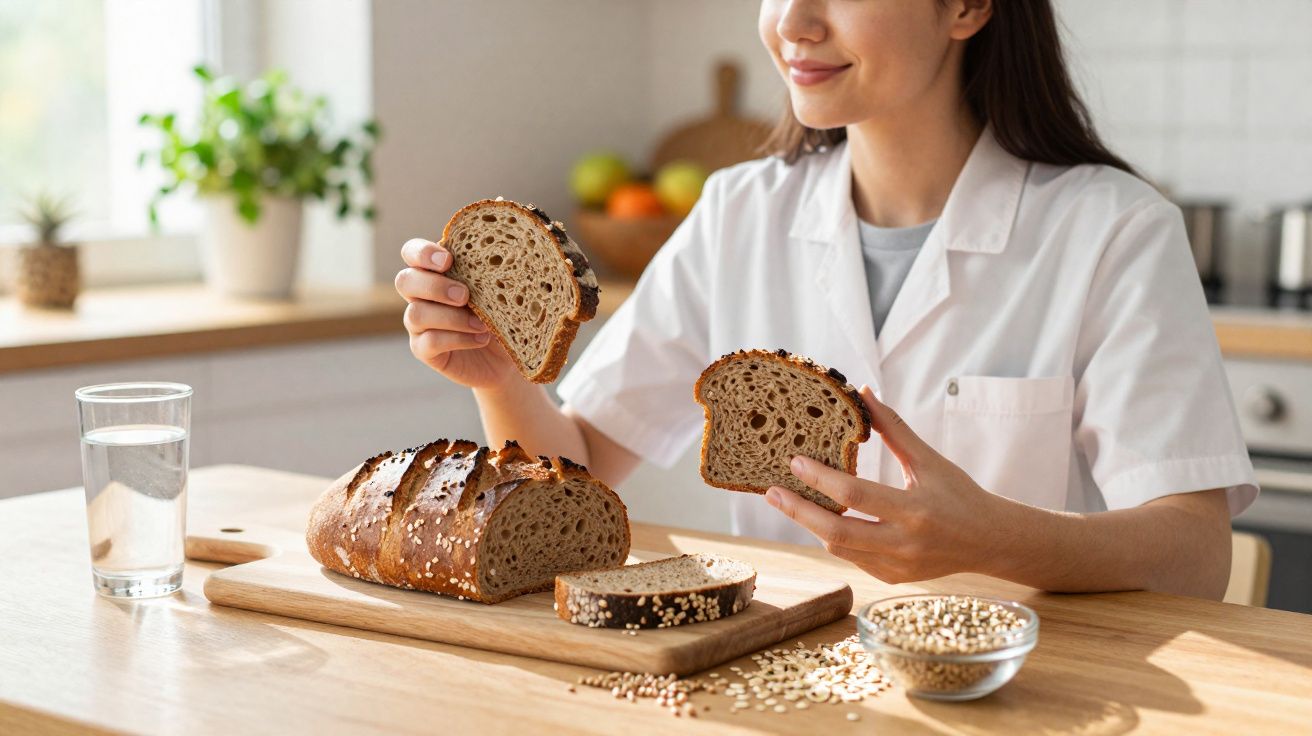 Mulher a segurar fatias de pão integral numa cozinha com pão e um copo de água sobre a mesa.
