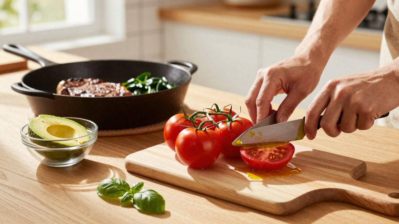 Mãos a cortar tomate num tábua de madeira com abacate, manjericão e bife na frigideira ao fundo.
