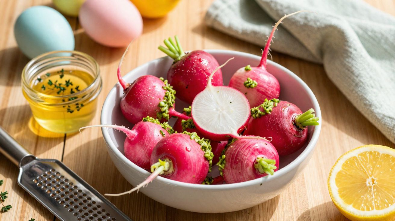Bacia com rabanetes vermelhos frescos, limão cortado, ovos coloridos e taça de óleo sobre tábua de madeira.