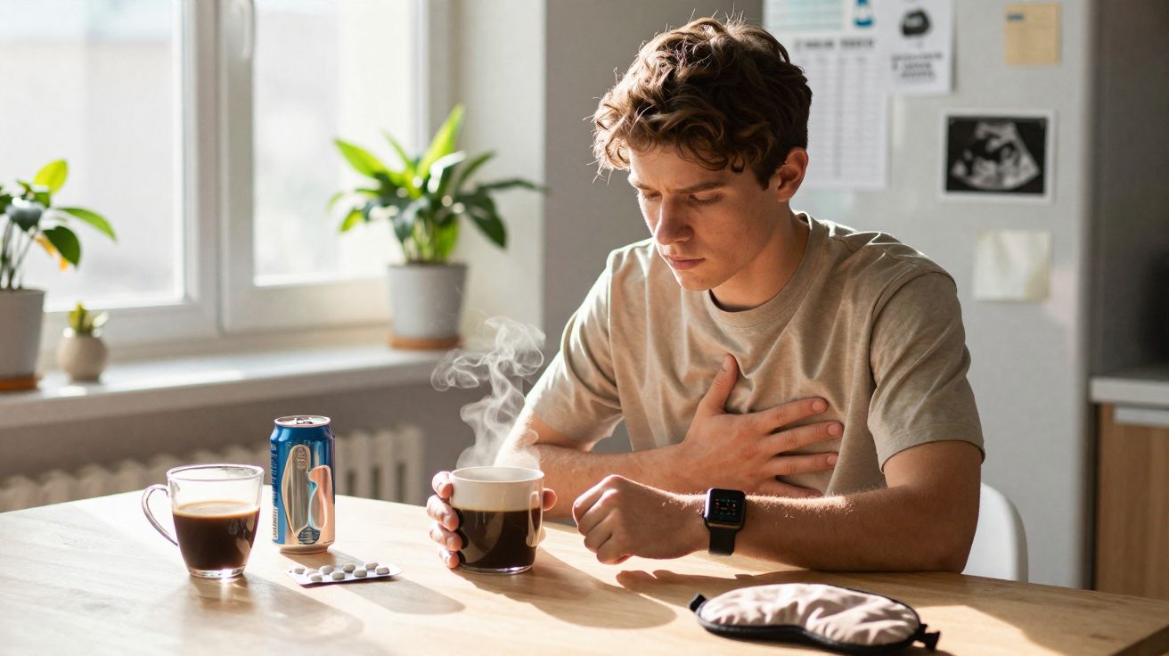 Homem sentado à mesa com mão no peito, segurando uma chávena de café quente, ao lado de comprimidos e bebidas.