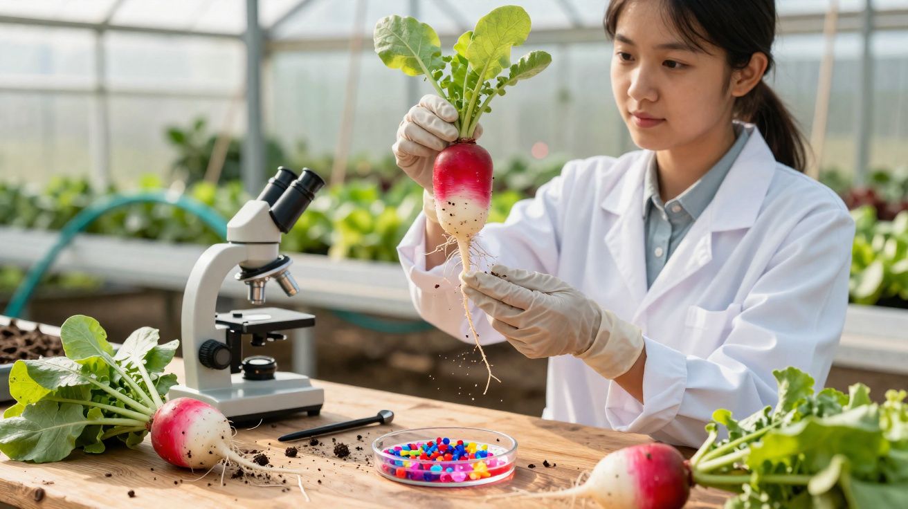 Cientista a analisar rabanete num laboratório com microscópio e placa de Petri à sua frente.