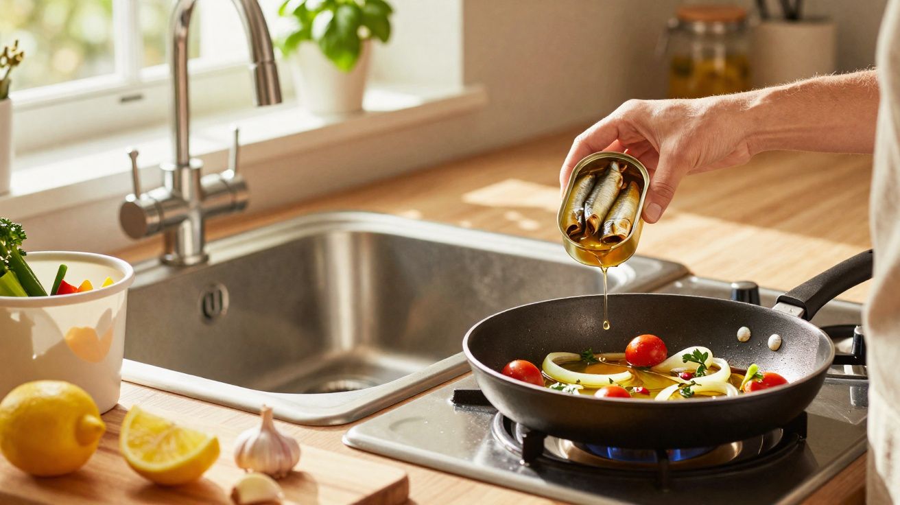 Pessoa a deitar azeite com sardinhas enlatadas numa frigideira com tomates cherry e ervas na cozinha.