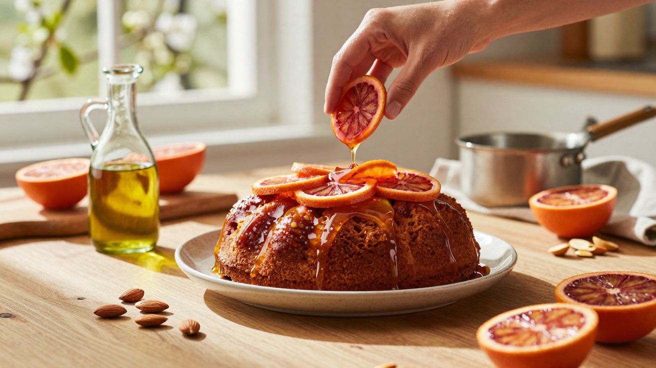 Bolo decorado com fatias de laranja sanguínea, mel a escorrer e mão a colocar fatia por cima.