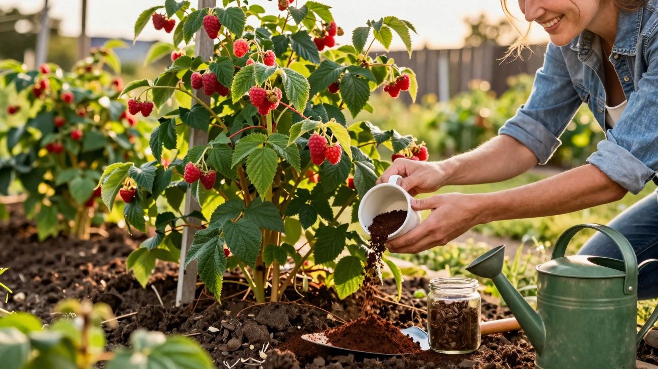 Mulher a adubar planta de framboesas num jardim ensolarado com regador verde ao lado.