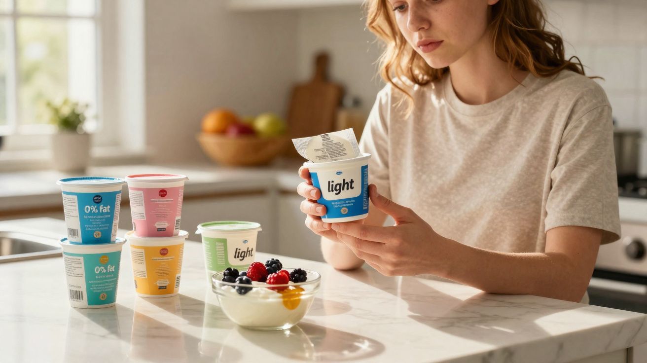 Mulher a ler rótulo de iogurte light na cozinha com vários iogurtes e taça de frutas na bancada.