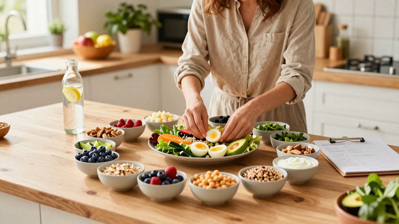 Mulher a preparar salada com vegetais, ovos e frutos numa cozinha luminosa e moderna.