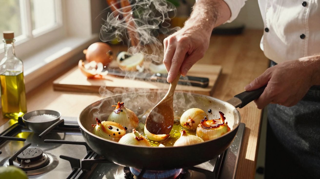 Chef a cozinhar cebolas douradas numa frigideira com óleo e especiarias numa cozinha iluminada.