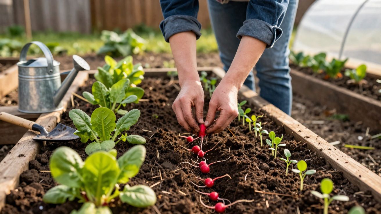 Pessoa a colher rábanos num canteiro de jardim com regador e enxada ao lado.
