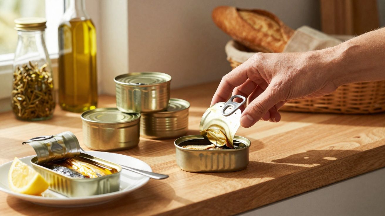 Mão a abrir uma lata de conserva sobre bancada com latas fechadas, pão, azeite e limão.