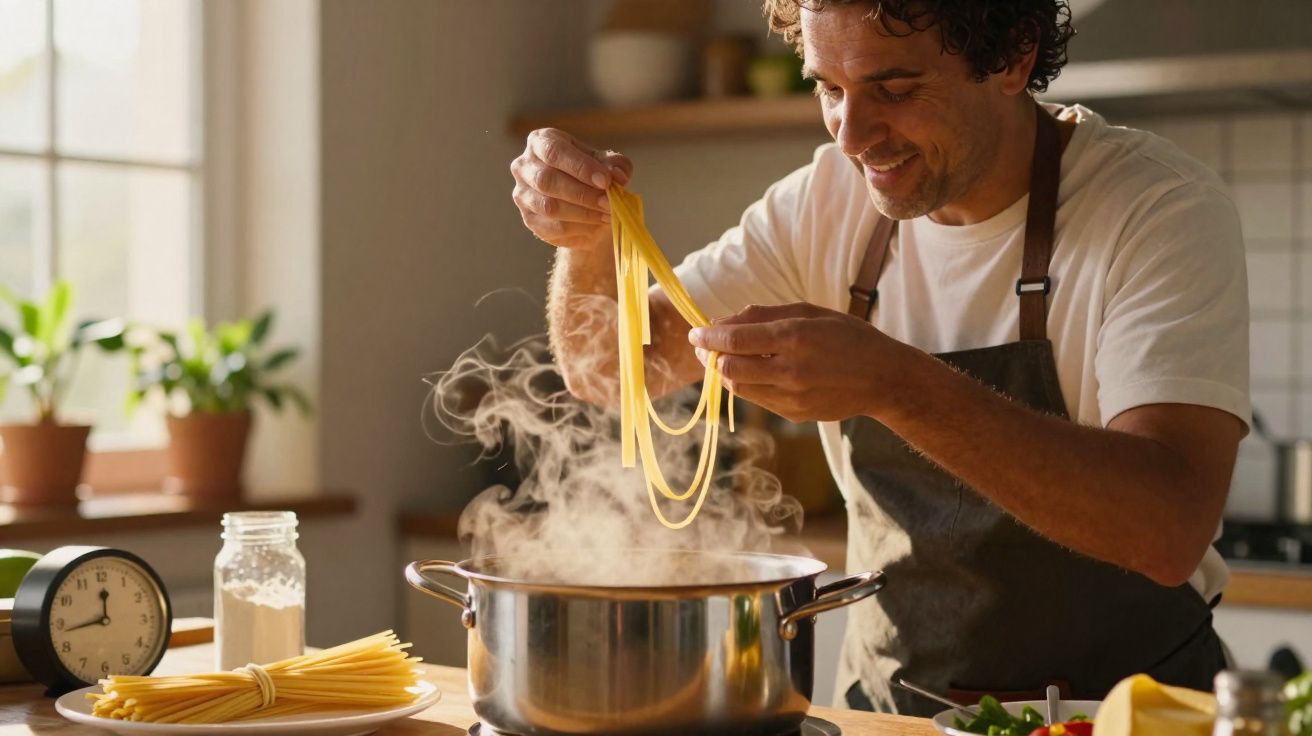 Homem a cozinhar massa numa cozinha luminosa, a introduzir esparguete numa panela a ferver.