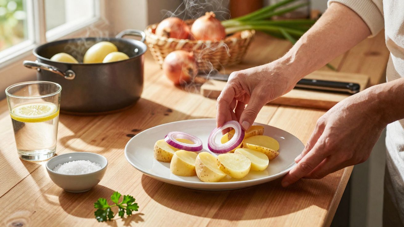 Mãos a preparar batatas com rodelas de cebola roxa num prato numa cozinha iluminada pelo sol.