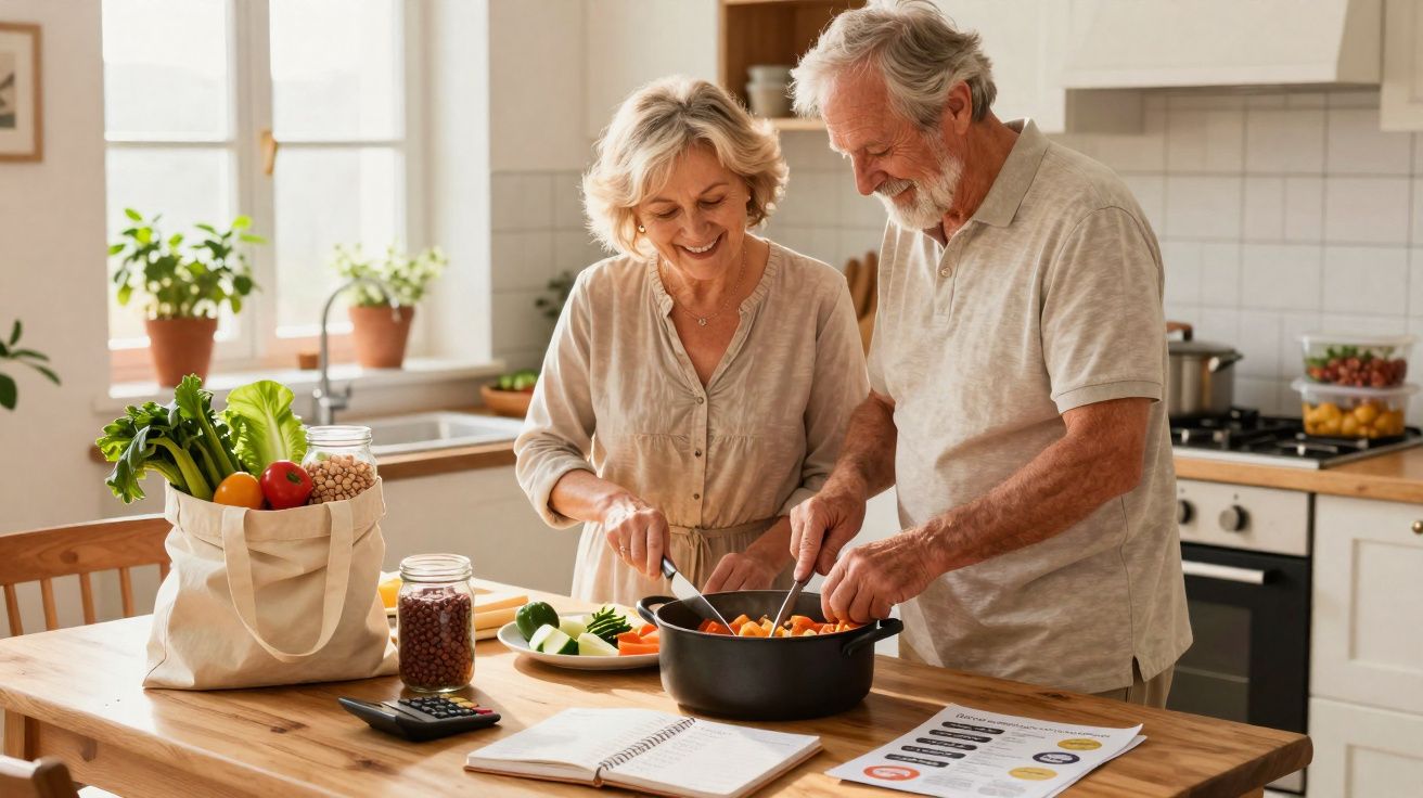 Casal sénior a preparar refeição juntos numa cozinha luminosa com legumes frescos na bancada.