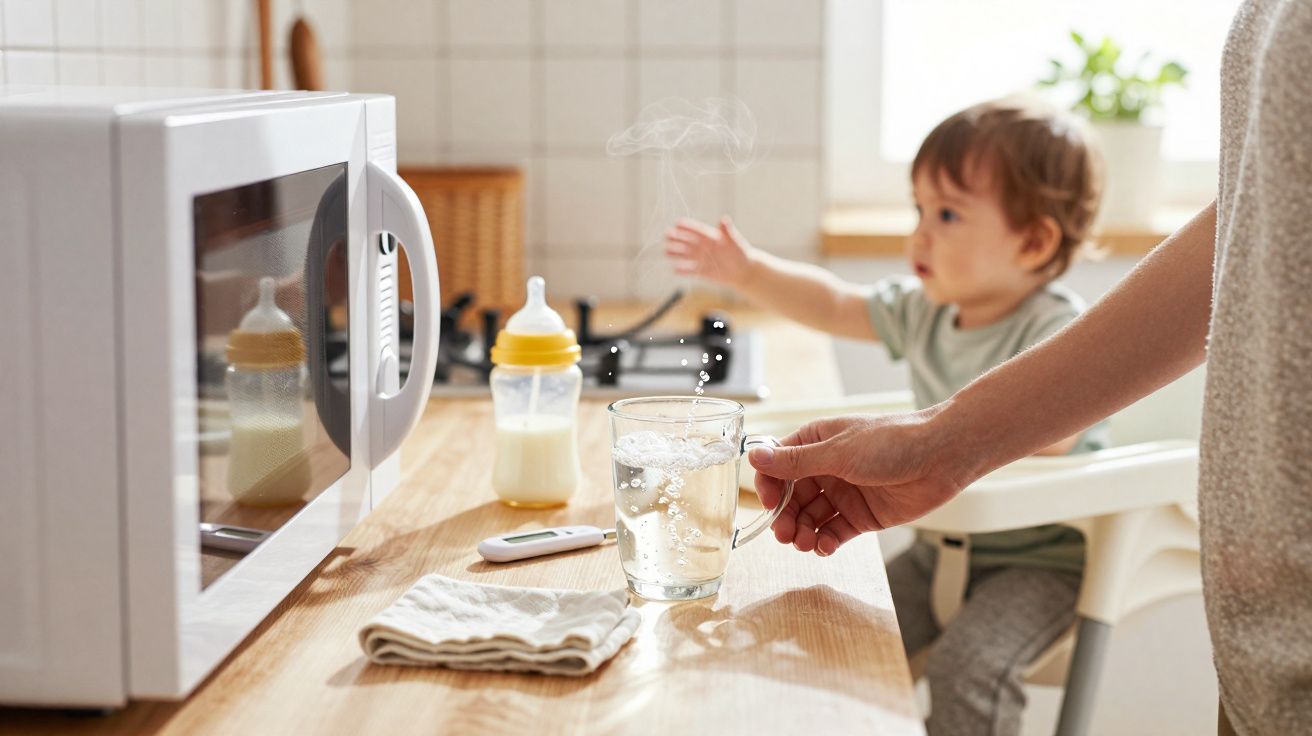 Pessoa a segurar chávena de água quente numa cozinha com bebé ao fundo num cadeirão e micro-ondas à esquerda.