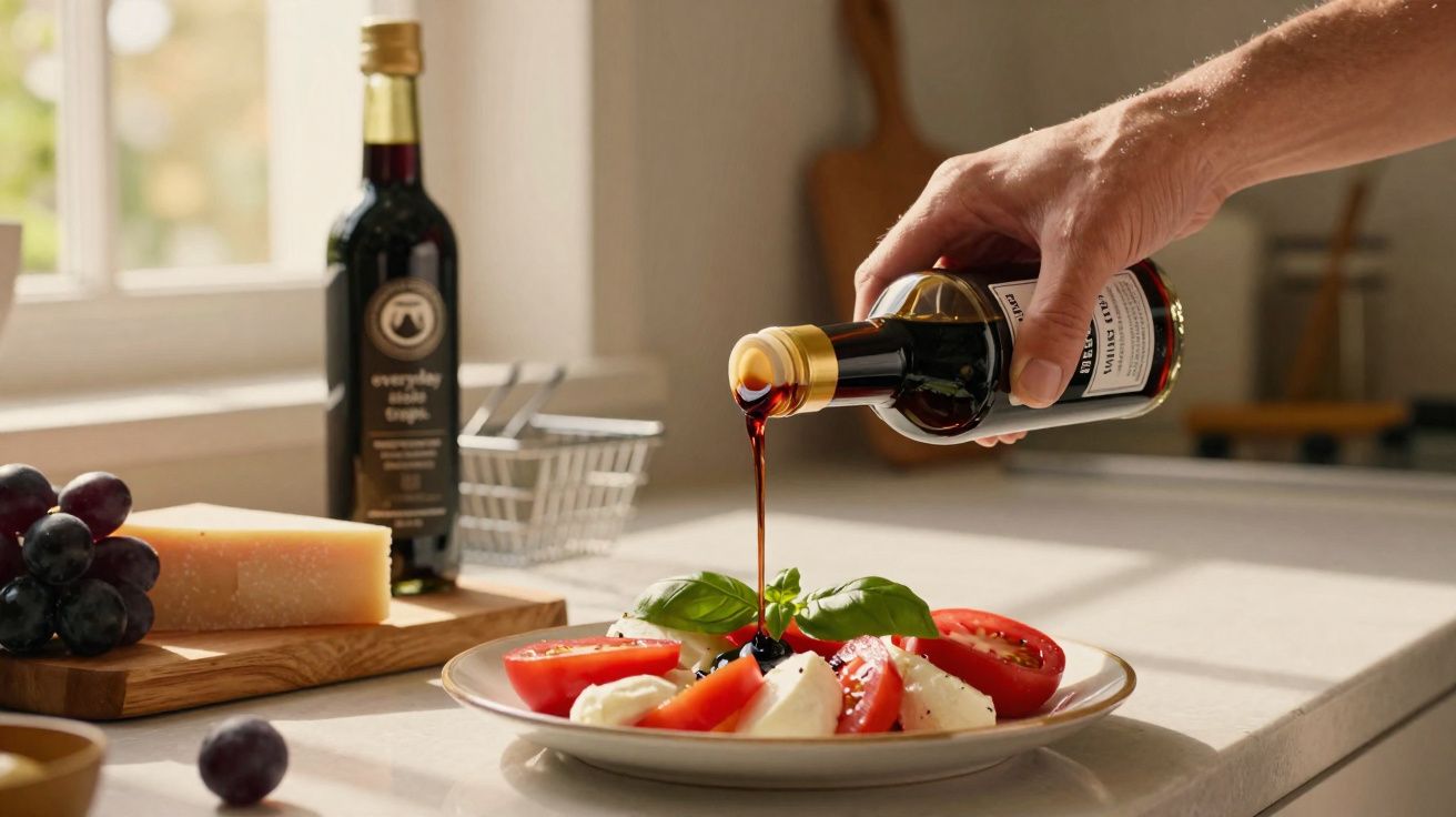 Mão a deitar vinagre balsâmico numa salada com tomate, muçarela e manjericão numa cozinha iluminada.