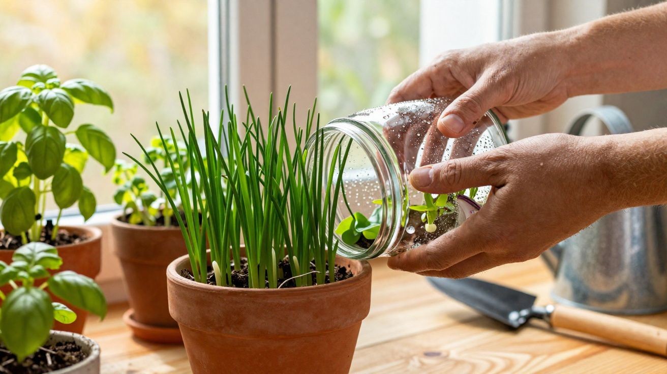 Mãos a transplantar mudas de um frasco para um vaso com plantas verdes junto a uma janela.