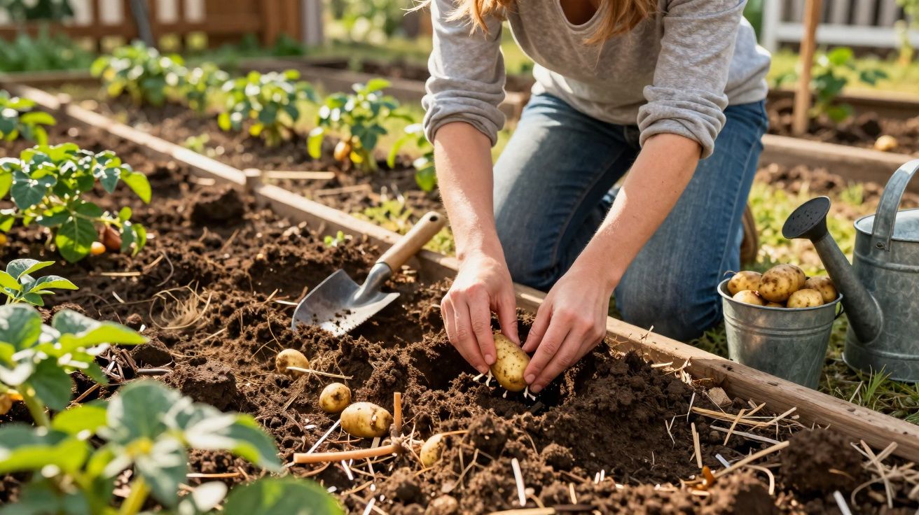 Pessoa a colher batatas recém-crescidas num canteiro de jardim com ferramenta e regador ao lado.