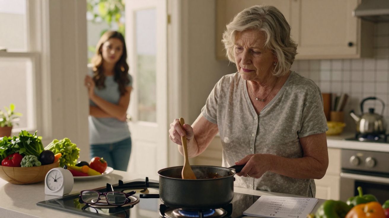 Senhora idosa a cozinhar numa cozinha moderna, com uma jovem de fundo observando preocupada.