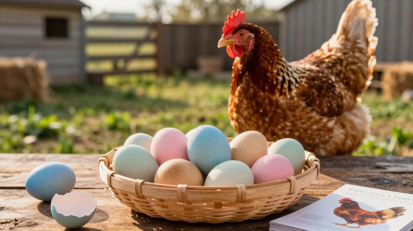 Galinha junto a ovos coloridos numa cesta sobre mesa de madeira ao ar livre numa quinta.