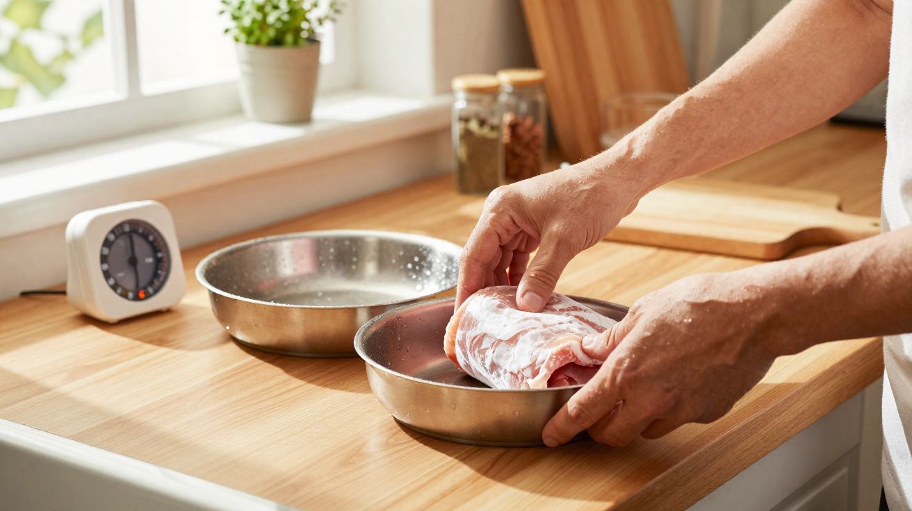 Mãos a marinar carne numa taça metálica numa cozinha com bancada de madeira e luz natural.
